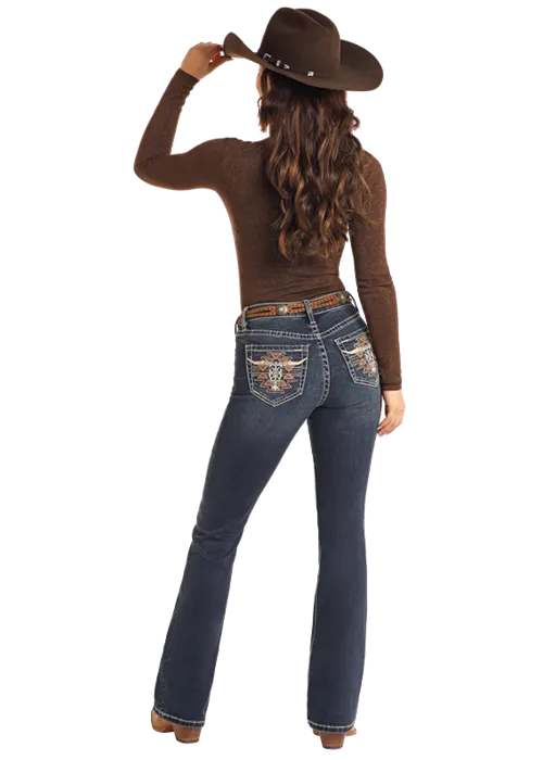 Steer Head Embroidered Mid Rise Boot Cut Rock & Roll Denim Jeans for Women