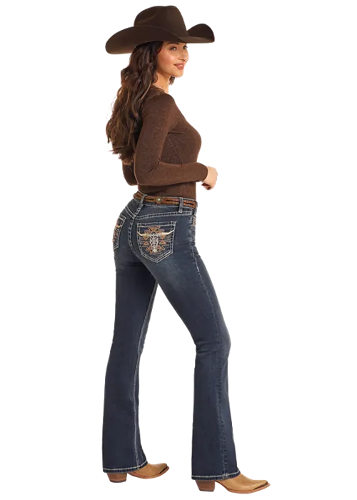Steer Head Embroidered Mid Rise Boot Cut Rock & Roll Denim Jeans for Women