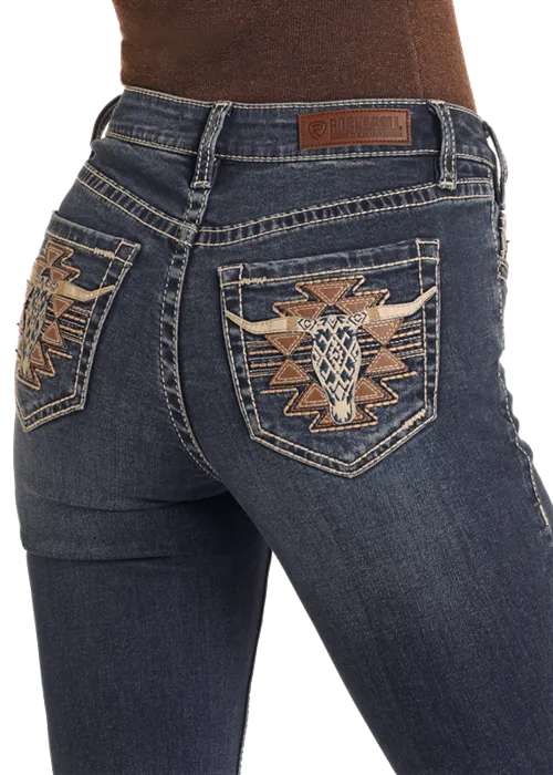 Steer Head Embroidered Mid Rise Boot Cut Rock & Roll Denim Jeans for Women