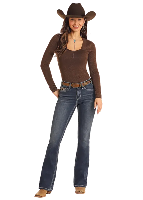 Steer Head Embroidered Mid Rise Boot Cut Rock & Roll Denim Jeans for Women