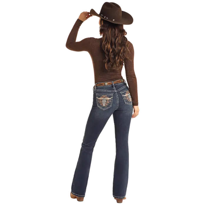 Steer Head Embroidered Mid Rise Boot Cut Rock & Roll Denim Jeans for Women