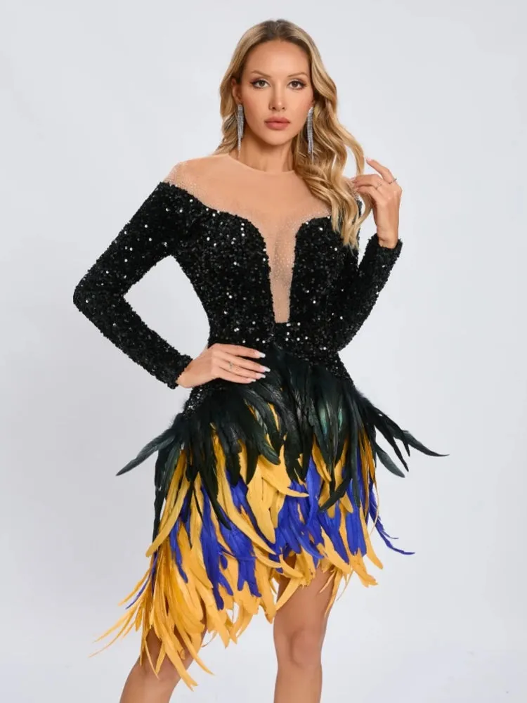 Trend4us Luxe Feathered Sequin Mesh Mini Dress