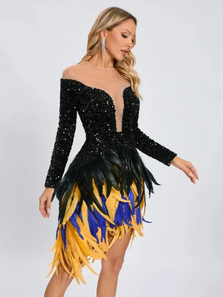 Trend4us Luxe Feathered Sequin Mesh Mini Dress