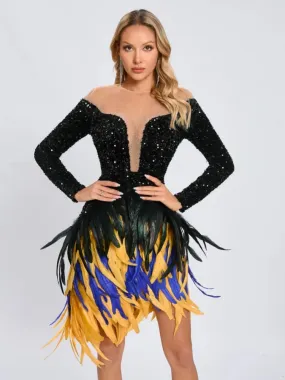 Trend4us Luxe Feathered Sequin Mesh Mini Dress