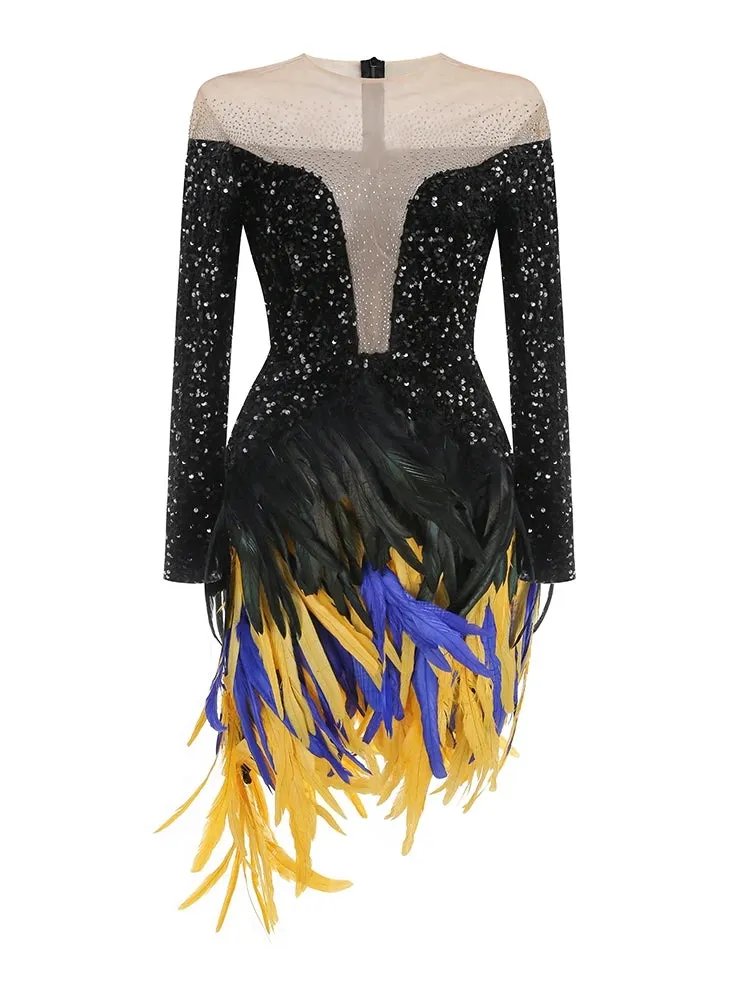 Trend4us Luxe Feathered Sequin Mesh Mini Dress