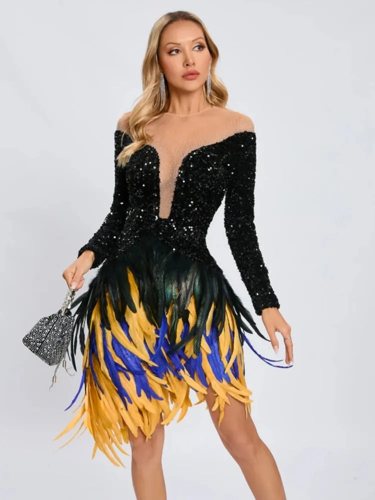 Trend4us Luxe Feathered Sequin Mesh Mini Dress