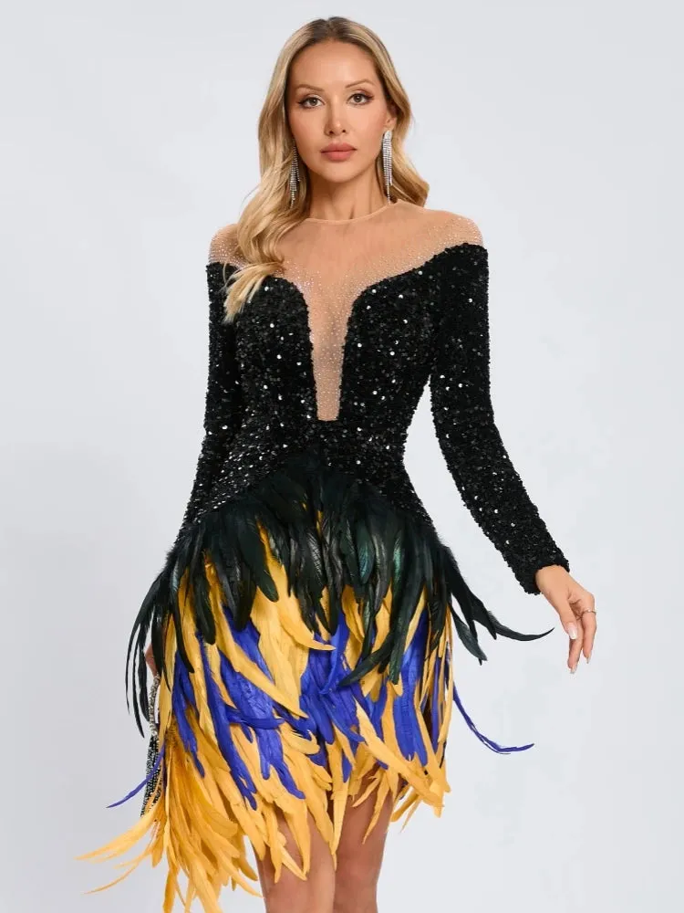 Trend4us Luxe Feathered Sequin Mesh Mini Dress