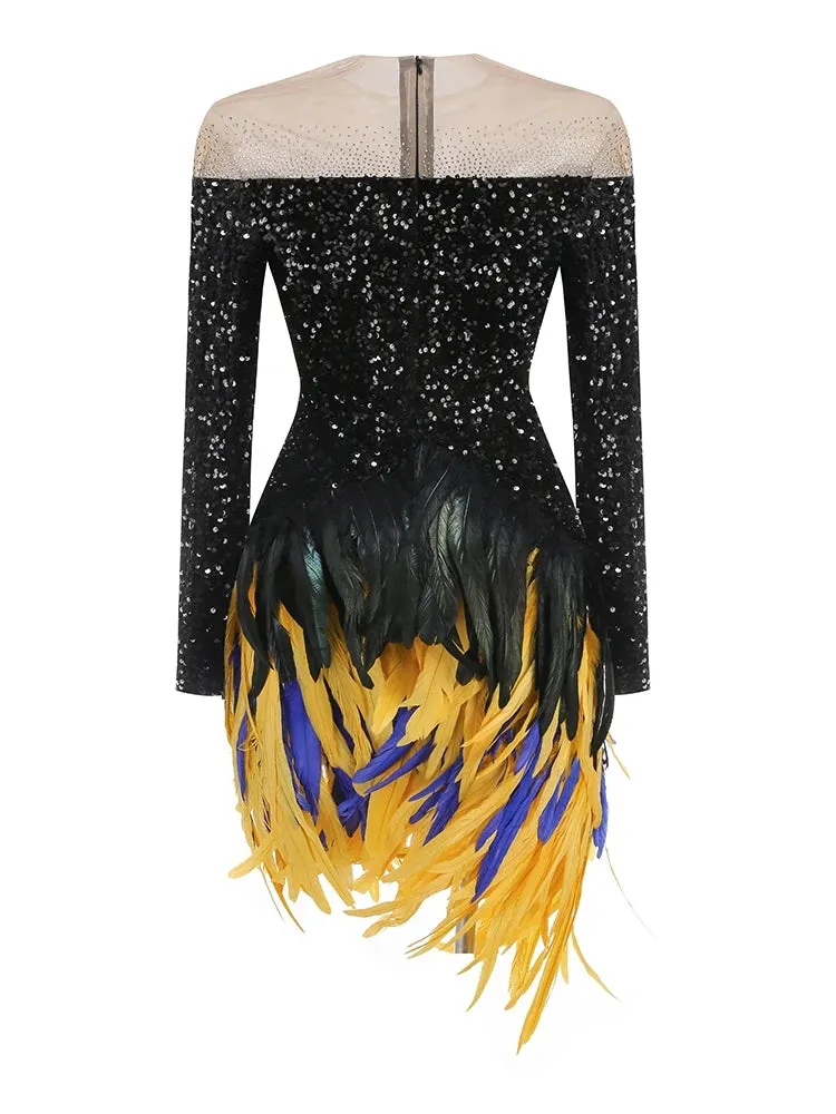 Trend4us Luxe Feathered Sequin Mesh Mini Dress
