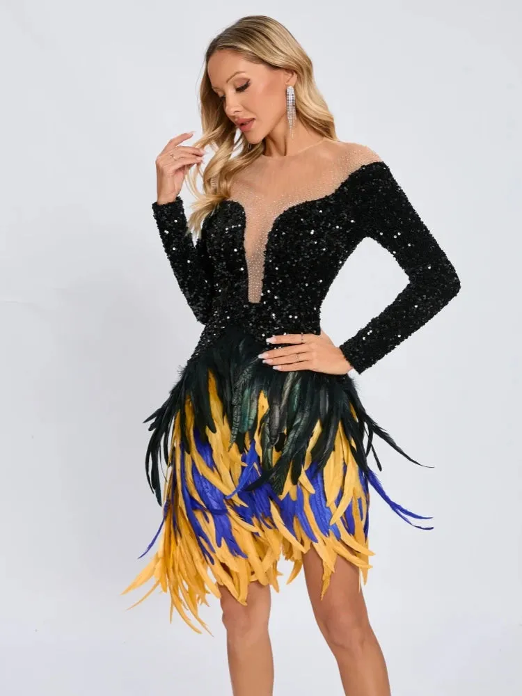 Trend4us Luxe Feathered Sequin Mesh Mini Dress