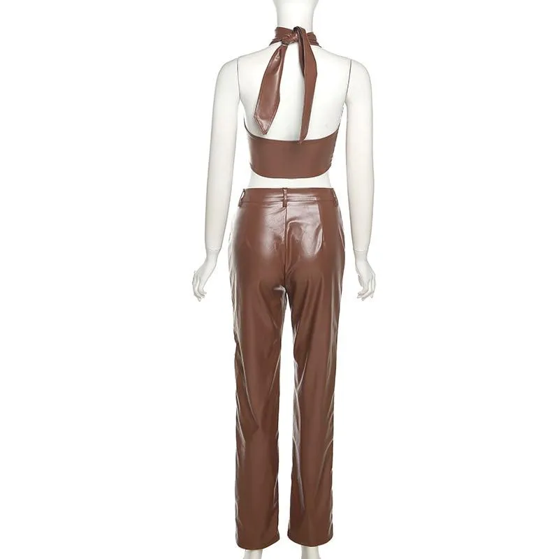 Women Top and Pant Crossed Halter Crop Top Fall Outfits
