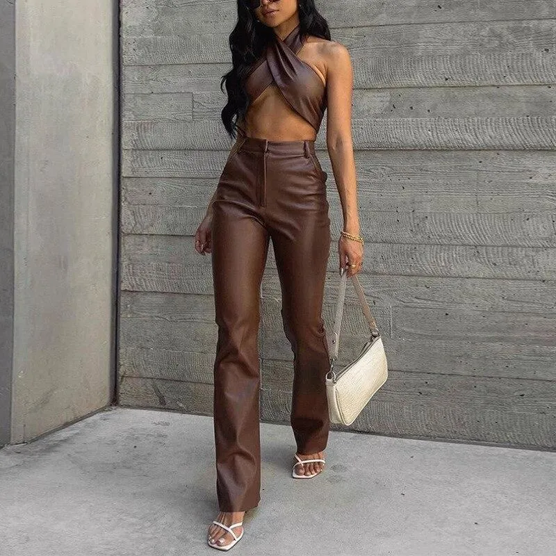 Women Top and Pant Crossed Halter Crop Top Fall Outfits