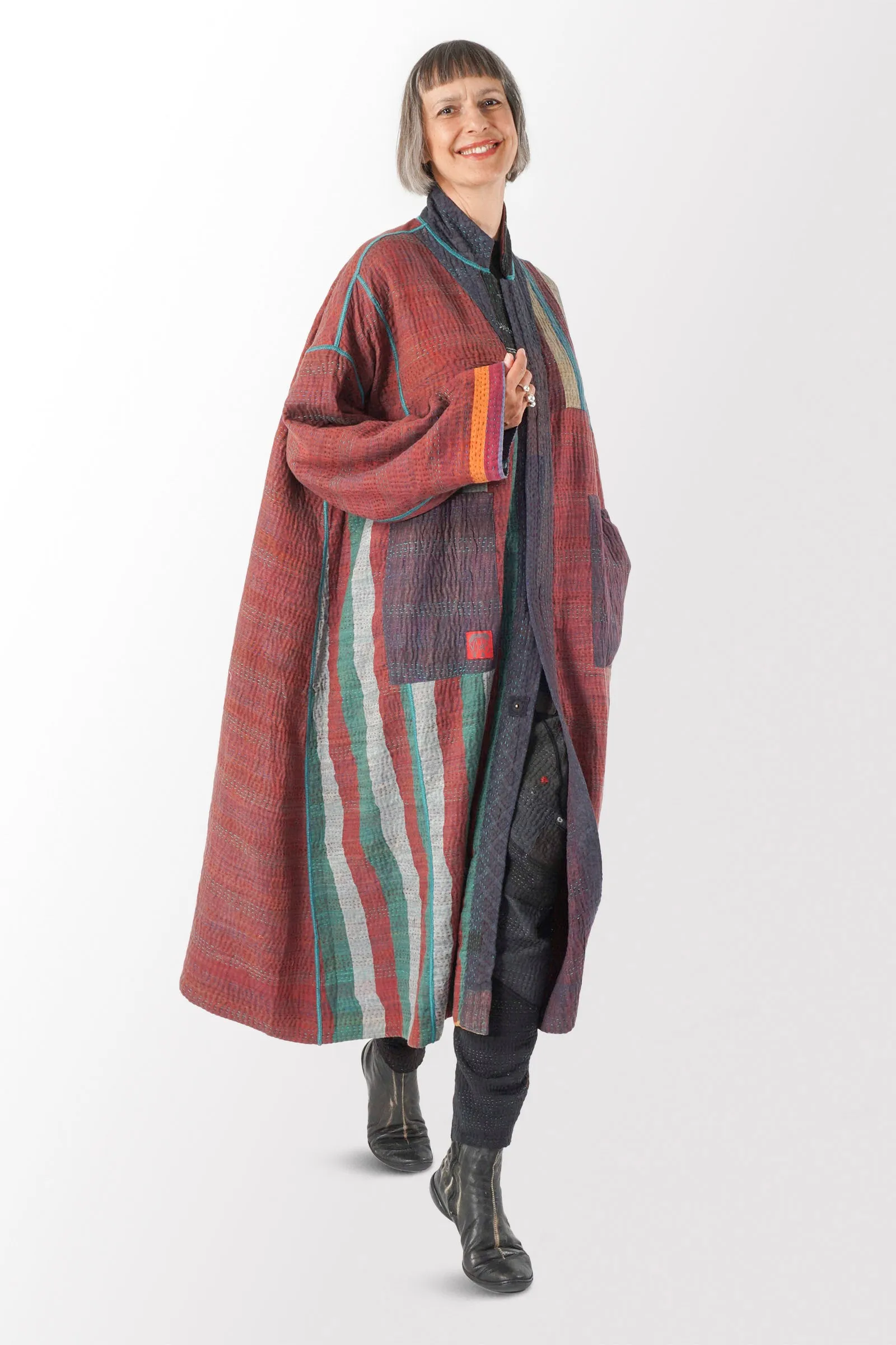 WOVEN VINTAGE COTTON KANTHA OVERSIZED COAT - fw4326-0002a -